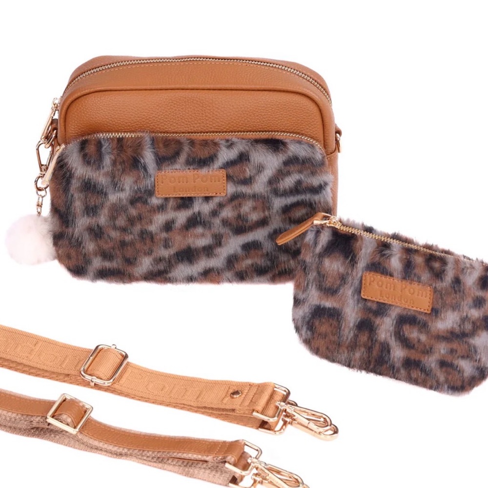 Pom Pom London Original Plus Bag Leopard Print Faux Fur Bundle in Maple